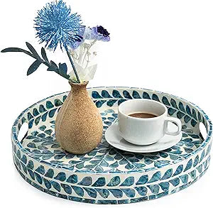 Serving Tray 12.5 Inch, Lacquer Mother of Pearl Inlay Mosaic Tray, Round Wooden Marble Tray with Handles Trays for Tea, Breakfast (Leaf Style)