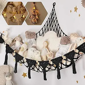 TIDYTEDS Macrame DreamLights Boho Stuffed Animal Storage Net Hammock Extra Large Plush Toy Storage Holder For Small Or Large Plushies BLACK