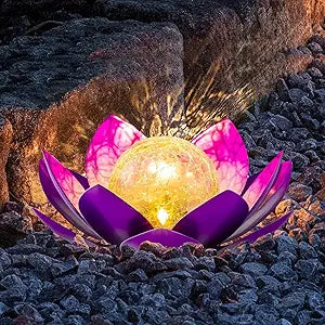 AIINY Solar Light Outdoor(2Pack), Art Crackle Globe Glass Lotus Decoration, Solar LED Waterproof Purple Metal Flower Lights for Patio,Lawn,Walkway,Tabletop
