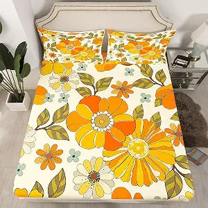 Kids Retro Flowers Fitted Sheet Queen Size,Watercolor Yellow Floral Green Leaves Plant Bedding Set,70s Trippy Daisy Soft Polyester Bed Cover 3pcs for Teens Adult Xmas Gift,2 Pillowcases (No Top Sheet)