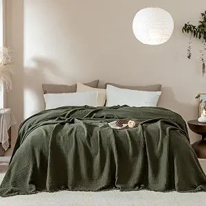 Muslin Fringe Blanket for Adults 100% Cotton 4-Layer Gauze Cloud Soft Breathable Lightweight All Season Throw Blanket for Bed Couch Sofa Office (Olive Green, Queen 90"  90")