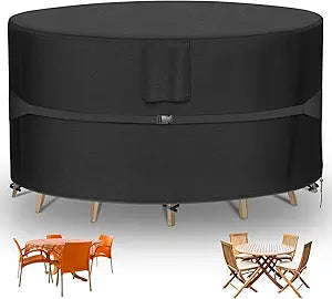 RICHIE Round Patio Furniture Covers - 600D Heavy Duty Waterproof Outdoor Table Cover, Lawn Furniture Set Covers for Dining Table and Chairs Seating 84"DIAx28"H