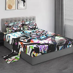 Pamnest Full Size Bed Sheet Sets, Urban Skateboard Soft Microfiber 4 Pcs Bedding Sets for Kids and Adults Bedroom Bed Decor, Music Abstract Graffiti Flat, Fitted Sheet and 2 Pillowcases