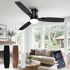 46 Inch Flush Mount Ceiling Fan with Light, Silent Motor, Dimmable LED 3 CCT, 6 Speed, Reversible DC Motor, Remote & APP Control, Black Modern for Bedroom & Elderly