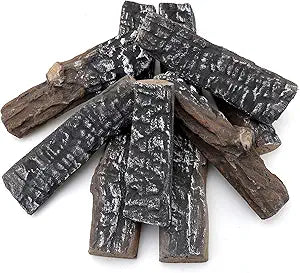 Skyflame 8 Small Piece Set of Ceramic Wood Logs and Accessories for All Types of Indoor Gas Inserts, Ventless & Vent Free, Propane, Gel, Ethanol, Electric or Outdoor Fireplaces & Fire Pits