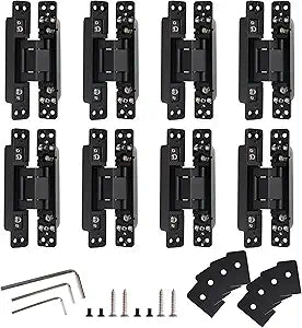 8 PCS Invisible Door Hinges, 6 Inch Concealed Heavy Duty Hinges, Zinc Alloy, 180 Matte Black, 3-Way Adjustable Butt Hinge