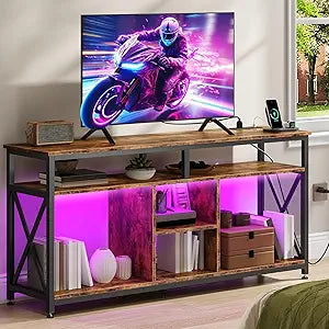 CHOEZON TV Stand for 55 Inch TV, Entertainment Center with Power Outlets and LED Lights, Media Console Cabinet with Storage, X-Shaped Reinforcement for Bedroom, Rustic Brown and Black TDS24UDBF