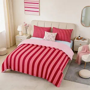 Manfei Minimalist Stripe Kids Duvet Cover Set Queen Size,Geometric Line Art Patchwork Girls Boys Bedding Set,Moroccan Y2K Retro Boho Room Decor,Red Pink Quilt Cover,2 Pillowcases(No Comforter)