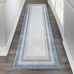 Beeiva Bordered Long Hallway Runner Rug, 2x8 Blue Modern Kitchen Runner Rugs Non Skid Washable, Printed Rug Runners for Hallways Non Slip Rugs for Kitchen Bathroom Entryway