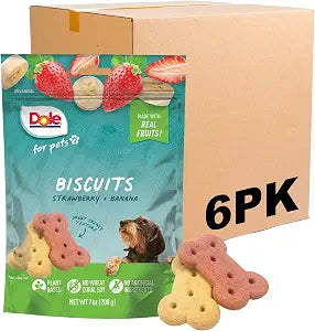 Dole for Pets Dog Biscuits Banana and Strawberry Assorted Mix Real Fruit Flavor Vegan Crunchy Treats No Wheat Corn Soy No Artificial Additives Bite Size Training Snacks 7 OZ 6 Pack Bulk Supply