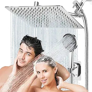 12 Inch Rain Shower Head,High Pressure Rainfall & Handheld Shower Combo - Dual Shower Heads with 5 Spray Modes,Adjustable 11" Extension Arm/Anti-Clog Nozzles, Chrome