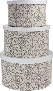 Household Essentials Round Hat Boxes with Lids, Vibrant Scallop Print with Faux Leather Lids, Poly-Cotton and Non-Woven PP Liner, Large, Medium and Small, Stackable and Nestable, Olive and Cream