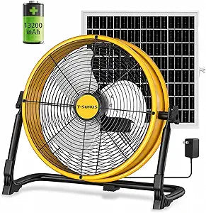T-SUNUS 12" Solar Powered Fan, 13200mAh Rechargeable Fan with 20W Panel, 1500 CFM Battery Powered Metal Floor Fan, 4.5Γ27H Runtime, USB Output, 360┬░ Tilt for Camping, RV, Patio, Garage, Power Outage