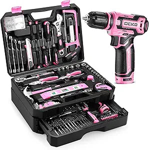 Pink Tool Kit Box Drill SetDEKOPRO Home Mechanic Toolbox with 12V Power Cordless Drill Hand Repair Tools Sets Combo Kits Storage Organizer Drawer Case for Men & Women