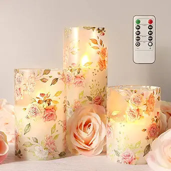 Pink Flameless Candles with Remote Timer, Flickering Glass Candles, Love Themed Decor Battery Led Pillar Candles, Rose Table Ornaments for Mother Gifts,Valentine's Day, Centerpiece