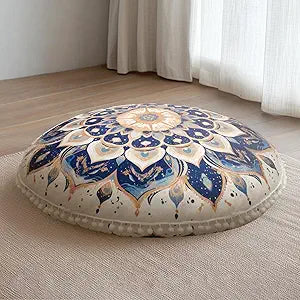 Meditation Cushion 32 Inch Round, Large Floor Pillow Seating for Adults, Bohemian Mandala Yoga Cushion, Extra Thick Memory Foam Removable Washable Cover, Ideal Gift & Holiday Decor, Blue
