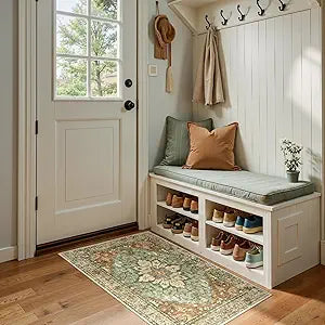 RELEANY Area Rugs Small 2'x4' Washable Non-Slip, Floral Vintage Distress Medallion Carpet for Kitchen Entryway Bathroom, Terracotta Burnt Orange Green