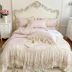 French Chic Bedding Set 4-Piece - Romantic Lace Trim Washed Cotton, Duvet Cover with Bed Skirt & Pillowcases for Queen Bed, Princess Style(Comforter Not Included) (Pink,Twin)
