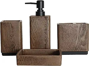 Hymmah Bathroom Accessories Set,Toothbrush Holder,Farmhouse Bathroom Decor,3 Pcs Resin Gift Set Apartment Necessities, Contain Toothbrush Cup,Soap Dispenser,Tumbler (Wood Brown)