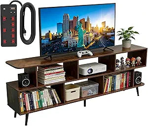 65" Amber TV Stand with Power Outlet, Large Media Console Table for TVs up to 75" with 8 Open Shelves, Entertainment Center for Living Room/Entrance/Kitchen/Sofa Cabinet, Easy Assembly