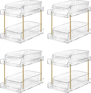 LAREKUN4pack 2-Tier Organizer & Storage Unit Stackable Bathroom Cabinet Organizer Pull-Out Kitchen Pantry Organizer & Storage System Suitable for Countertops, Pantries, Kitchens, Bathrooms
