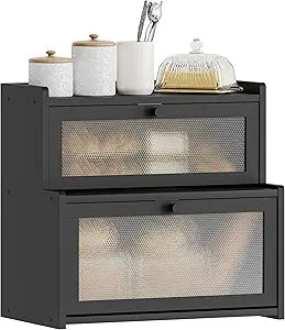 Bread Box for Kitchen Countertop, Large Bamboo Bread Storage Container with Double Layer, Bread Holder for Homemade Bread, Farmhouse Corner Organizer for Pantry (Black)