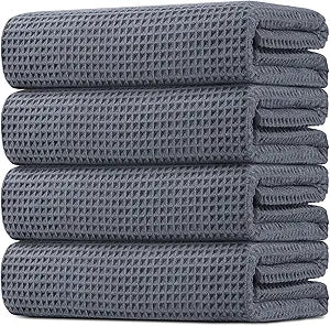 HOMEXCEL Waffle Bath Towels Set 4 Pack, Premium Microfiber Bathroom Towels, Ultra Soft, Lightweight, Highly Absorbent and Quick Dry Towel for Bathroom, Gym, Shower, Hotel, and Spa, 30 x 60 Inch, Grey