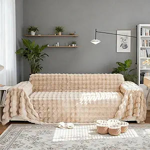 Premium Faux Fur Couch Cover for Winter, Soft Warm Light Tan Plush Sofa Couch Cover, Non Slip Fluffy Sofa Slipcovers, Washable Furniture Protector for Kids, Dogs, L Shaped Sofas, 71''x118''