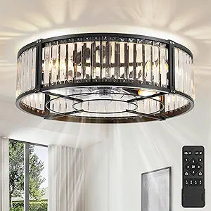 20 Inch Fandelier Ceiling Fan with Light, Crystal Chandelier Ceiling Fans, Caged Ceiling Fan with 6-Speeds, 1/2/4/8H Timer, Quiet DC Motor, Black Flush Mount Ceiling Fans for Bedroom, Living Room