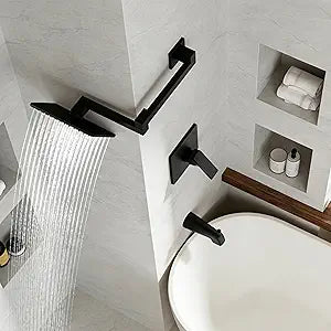 Black Tub Shower Faucet Set Shower Head and Handle Set with 360 Foldable Shower ArmShower Valve and Trim Kit with 8-Inch Rainfall ShowerHead and Tub Spout