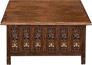 COTTON CRAFT Solid Wood Coffee Table  Ghanti Bells Hand Carved Center Table with Foldable Legs  Decorative Table - Living Room Small Spaces Bedroom - No Tools Assembly -30.5x21.5x18- Antique Brown