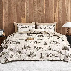 Wake In Cloud - Rustic Quilt Set, Cabin Forest Woodland Camping Theme with Lodge Mountain Print, Reversible Lightweight Bedspread Coverlet, 3 Pieces, Beige Brown, Queen/Full Size