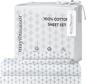 Queen Size Fitted Sheet with 18" Deep Pockets, Flat Sheet - Percale Weave Natural - Breathable 100% Cotton Bedding, 1 Fitted Sheet + 1 Flat Sheet + 2 Pillowcases - Grey Ida Print
