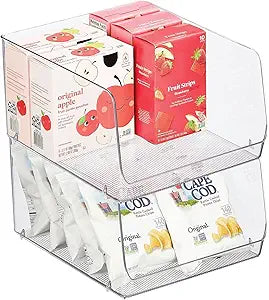 mDesign Wide Stackable Plastic Food Storage Organizer Bin Basket with Open Front for Household Kitchen Cabinets, Pantry, Offices, Closets, Bedrooms, Bathrooms - 10.2" Wide, 2 Pack - Clear