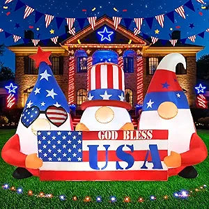 4th of July Inflatables Outdoor Decorations 6FT Long Patriotic Inflatable Memorial Independence Day Blow Up Gnome American Flag Led Lights Fourth of July Blow Ups Garden Yard Lawn Dcor