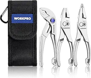 WORKPRO 3-Piece Mini Pliers Set with Pouch, 4-Inch Slip Joint Plier & 4-Inch Water Pump Plier & 4.5-Inch Long Nose Slip Joint Plier, High-Toughness Pocket Pliers for Tight Spaces & Versatile Use