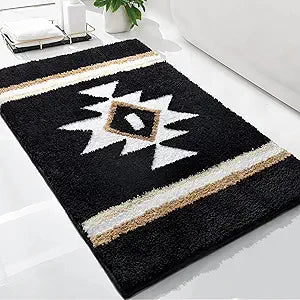 Boho Bathroom Rugs Black Bath Mat Non Slip Soft Absorbent Western Geometric Bath Rug Luxury Plush Floor Mat for Farmhouse Bathroom Shower Kitchen Modern Decor 24x36