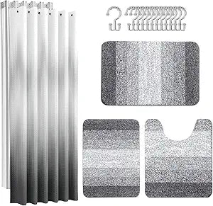 Britimes Grey Stripes Bathroom Sets with Shower Curtain and Rugs, Ombre Modern Abstract Vintage Waterproof Shower Curtain Liner and Soft Non Slip Bath Mat for Bathroom Decor and Accessories Hooks