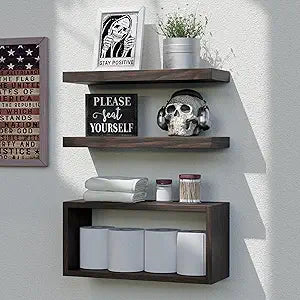 RICHER HOUSE Floating Shelves Set of 3, Modern Bathroom Shelves Wall Mounted Shelves with Invisible Brackets Over Toilet, Rustic Wall Shelves for Bathroom Bedroom, Living Room, Kitchen - Walnut