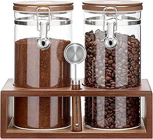 Danmu Airtight Borosilicate Coffee Canister,Coffee Bean Storage 45 fl,oz with Bamboo Shelf, Spoon,CO2-Release Valve Included 2 Pack