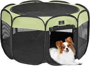 Dog Playpen for Small Dogs & Puppies, 29.92" Portable Indoor Outdoor Puppy Playpen with Bowl, Waterproof Floor, Foldable Pop-Up Pet Pen for Home, Travel & Daily Use, Green+Black