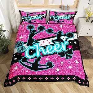 Cheerleader Duvet Cover Set,Pink Glitter Cheerleading Bedding Set 2Pcs,Girls Kids Teens Rose Pink Stars Stripes Sequins Comforter Cover,Fashion Girly Cheer Team Quilt Cover Twin Size,1 Pillowcase