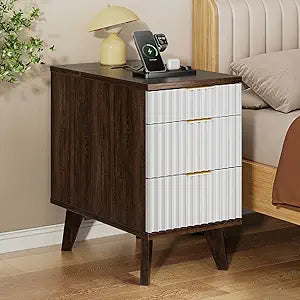 Kalrin Charging Nightstand with Hidden Outlets & 3 Drawers, Modern End Table, Bedside Table with USB Ports, Wave Groove Design, Compact Size, Heavy Duty Engineered Wood, Brown & White