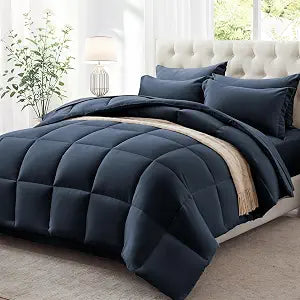 Zzlpp Queen Comforter Set 7 Piece, Navy Blue Bed in a Bag with Comforters, Pillow Shams, Pillowcases, Flat Sheet, Fitted Sheet 2 Side Pockets