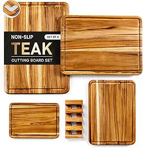 4 Pack Teak Cutting Board Set for Kitchen Heavy Duty Non Toxic Non Slip Solid Thick Wood Haus Chopping Board Extra Large Big Small Meat Best Wooden Charcuterie Board