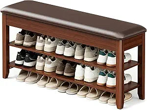 LBT Shoe Bench with Storage, Solid Rubberwood Shoe Rack Bench for Entryway, Adjustable 6.3" Shelf Fits High-Top Shoes & Boots, Hidden Storage Compartment, Cushion Seat, Stay-Open Hinge, Walnut