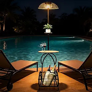 Solar Outdoor Coffee Table with Light, 52.5'' Black Metal Patio Coffee Table, Waterproof IP65 Solar Side Table with Auto Lighting & USB Charging, Outdoor Plant Stand for Patio Porch Backyard Poolside