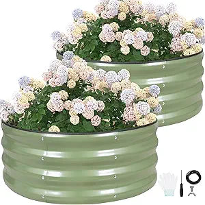 G GOOD GAIN Round Raised Garden Bed - 2Pcs 3x3x1ft Galvanized Steel Planter Boxes Outdoor with Rubber Edge Trim | Metal Raised Beds for Gardening Vegetables Flowers Fruits Herbs (Olive Green)