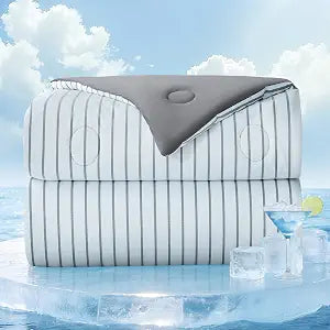 Striped Cooling Comforter Queen Size, Q-Max 0.45 Reversible Cooling Blanket for Hot Sleepers, Breathable Lightweight Silk Smooth Summer Bedding, Quilted Ice Blanket, Dark Gray