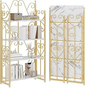 JSB 4 Tier Folding Bookshelf,Industrial Storage Shelves, No Assembly Vintage Wood Look Bookshelf with Storage Shelves for Living Room, Bedroom, Office (White and Gold)